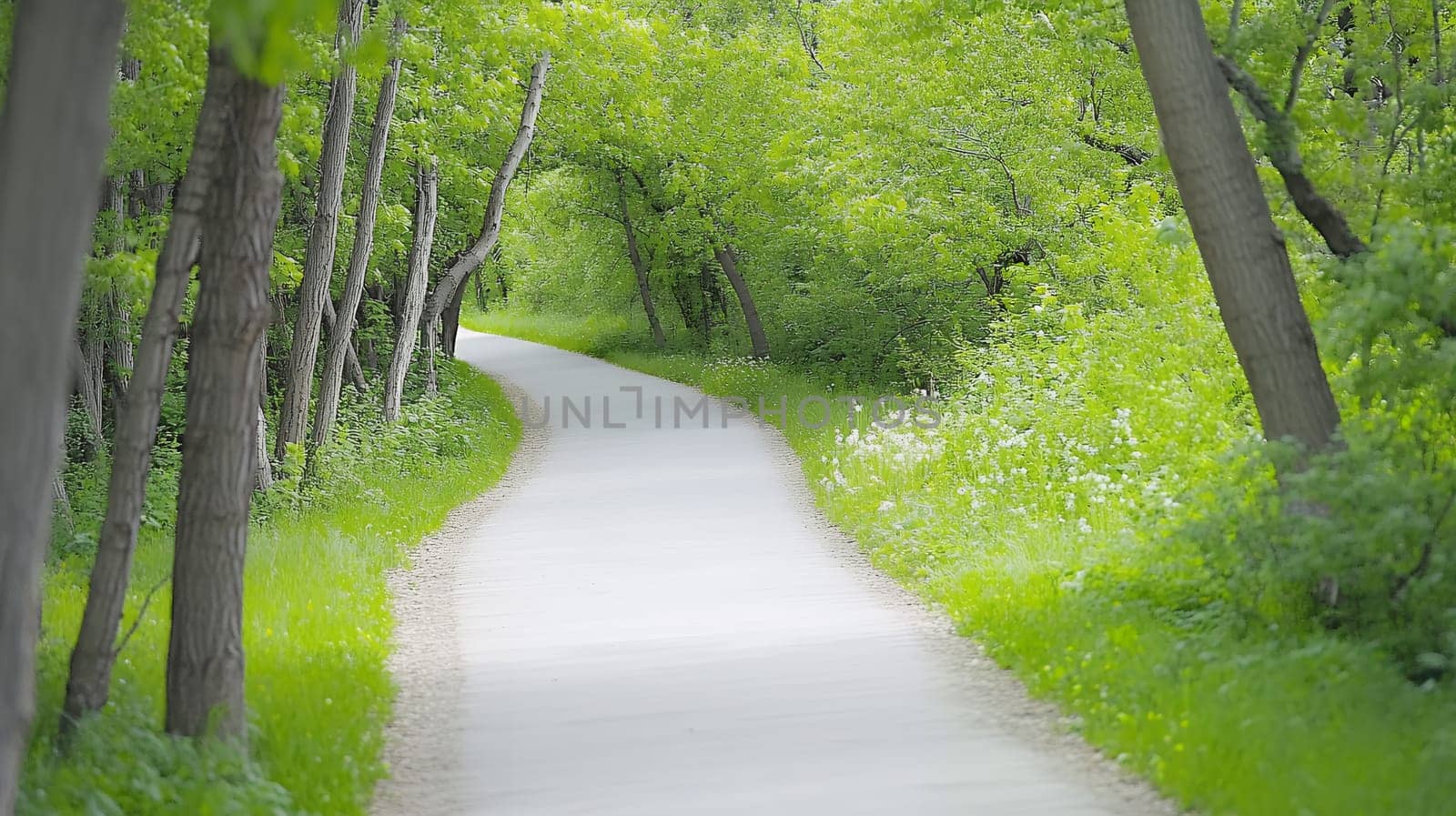 A gentle curve in a forest path surrounded by dense trees and fresh greenery invites exploration.