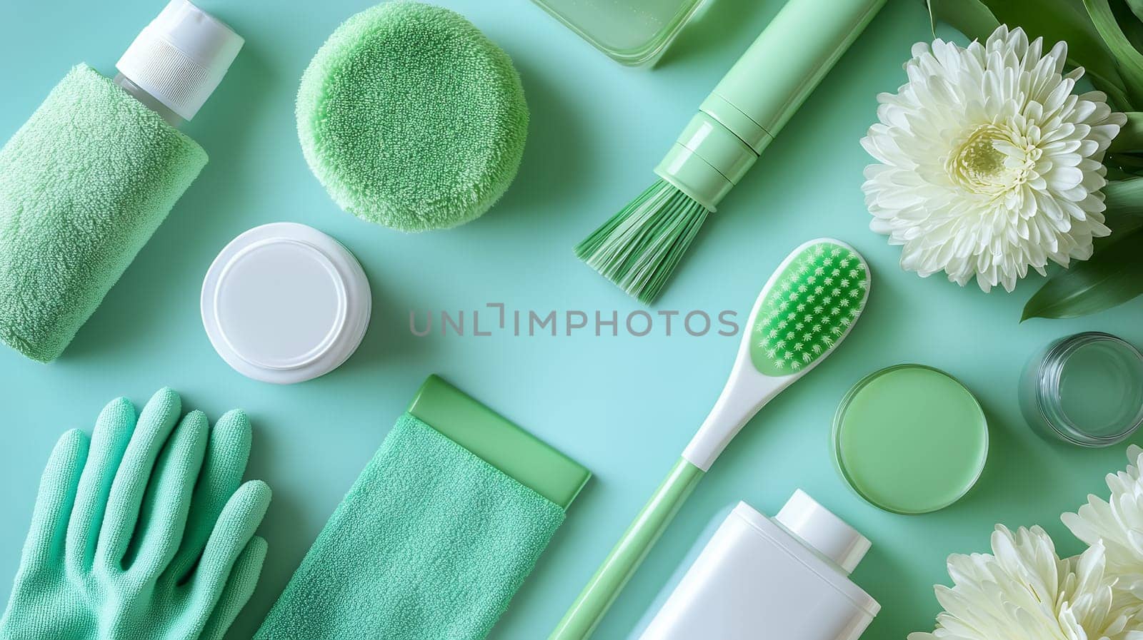 Green cleaning supplies with a white flower on a pastel background, symbolizing eco friendly cleaning.
