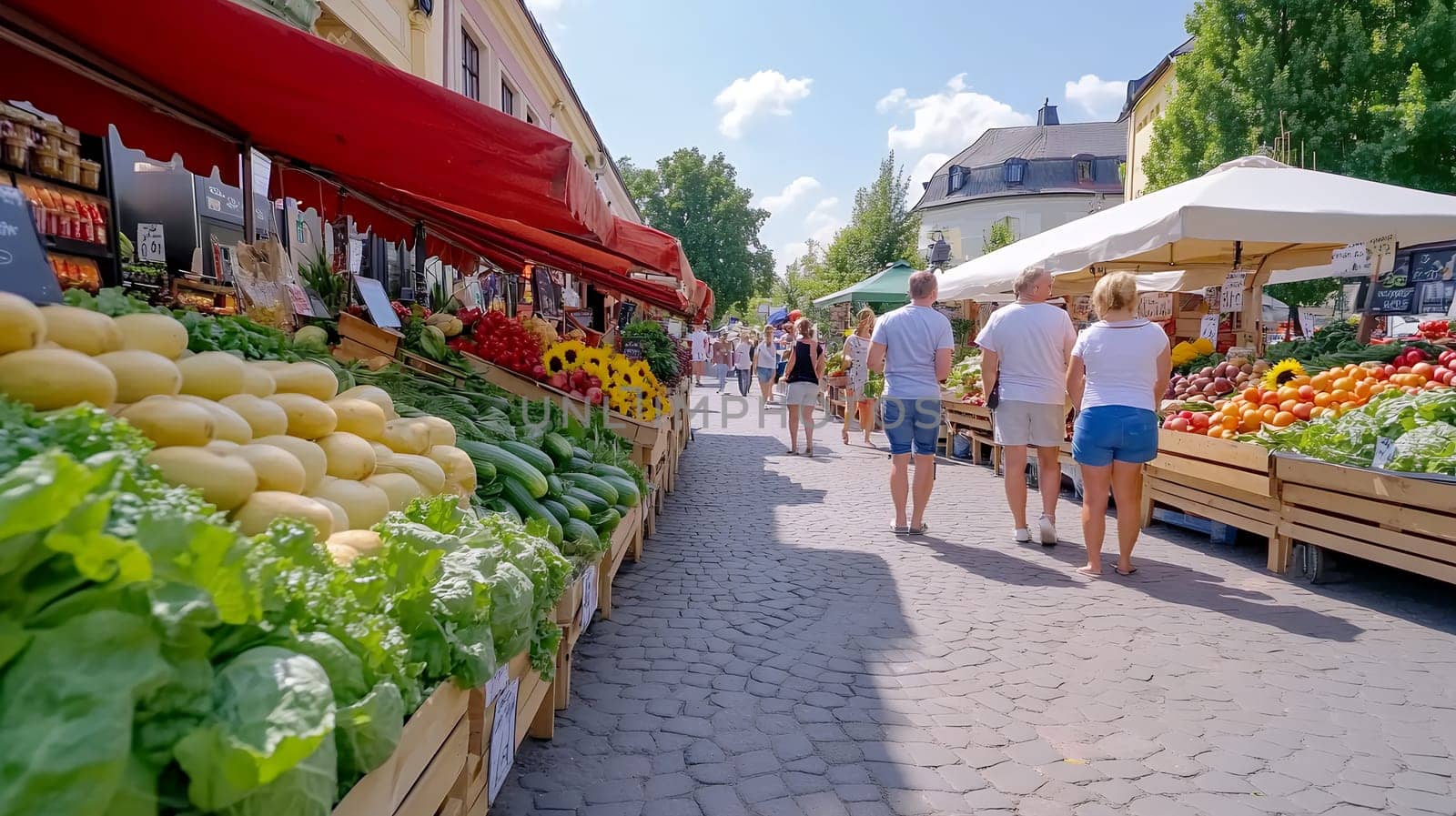A lively outdoor market scene with shoppers browsing vibrant stalls filled with fresh produce and flowers.