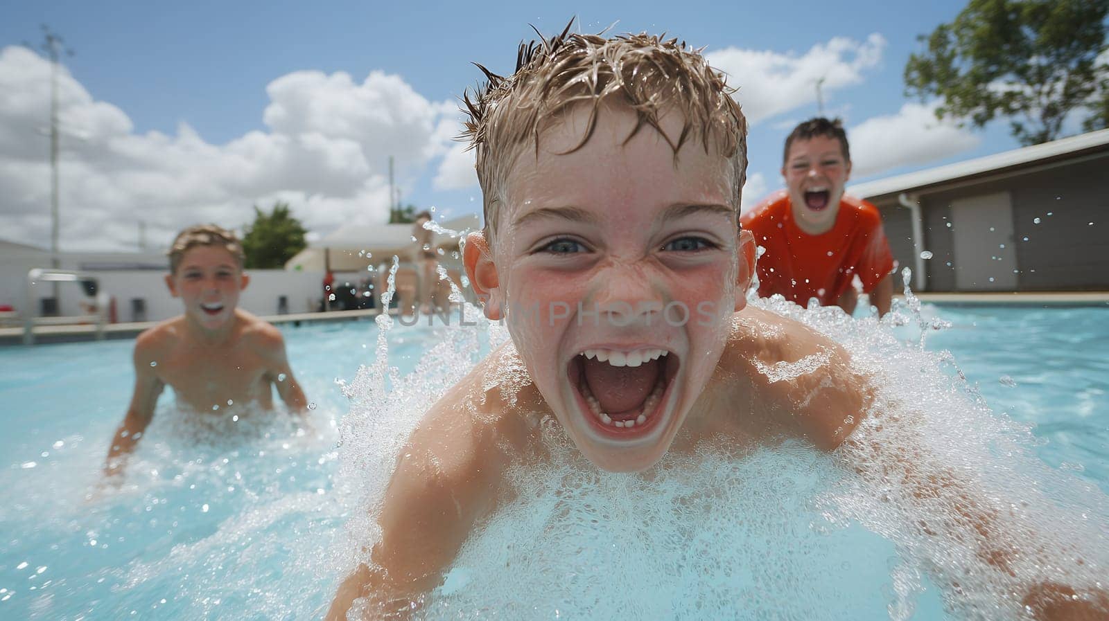 Happy children playing energetically in a pool, splashing water and enjoying a sunny day.