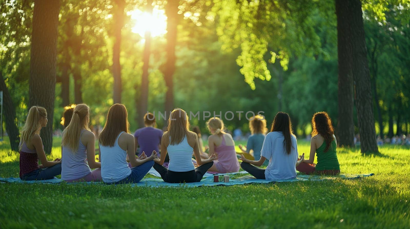 A group gathers for yoga in a park during sunset, surrounded by vibrant greenery and golden light.