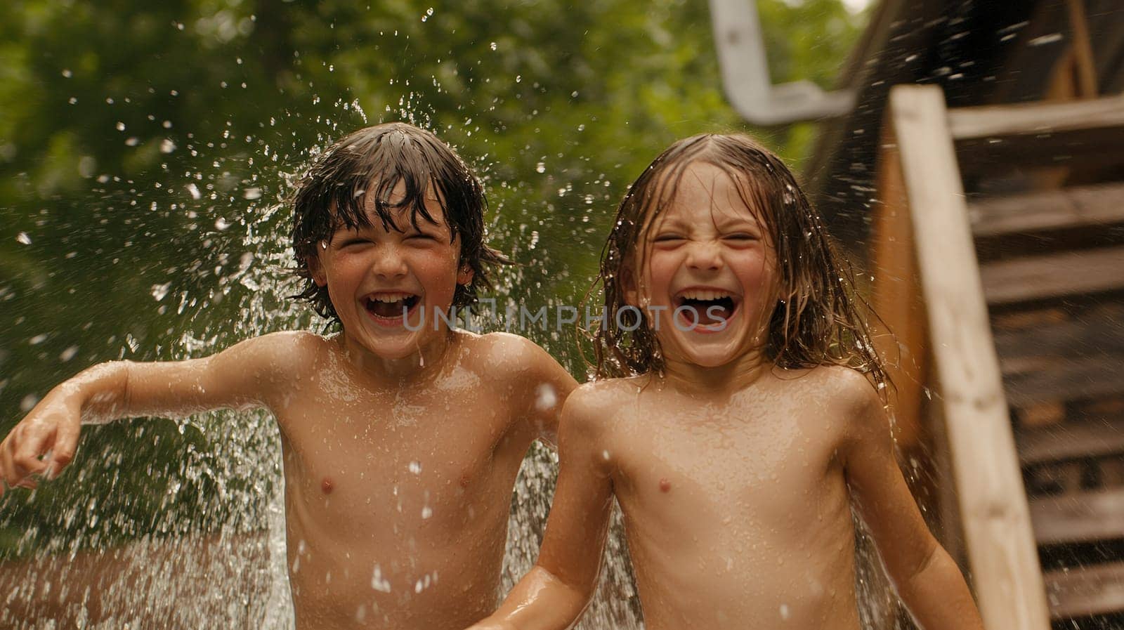 Two boys laughing and splashing water in a playful, carefree moment, embodying the joy of summer fun and friendship.