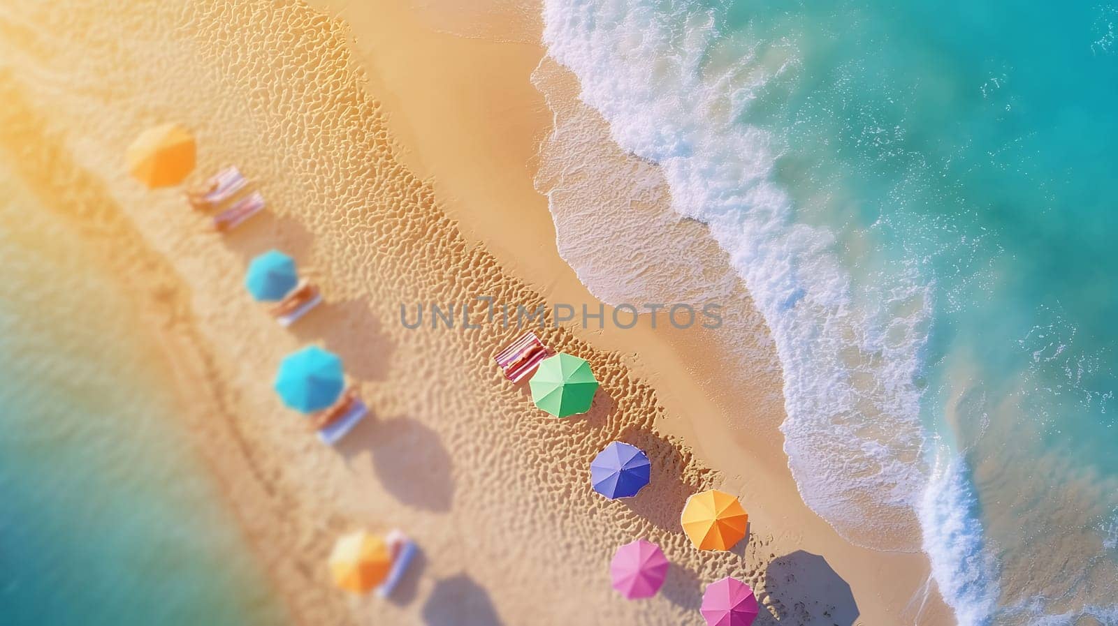 Aerial view of a sandy beach adorned with colorful umbrellas, capturing the essence of a lively summer day.