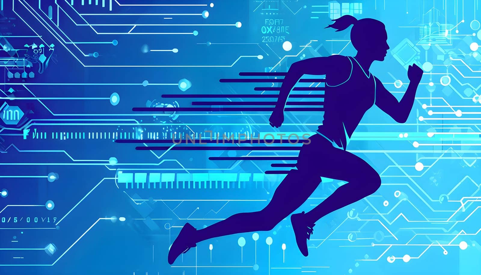 runner silhouette with dynamic vibrant lines showing motion, surrounded by data streams