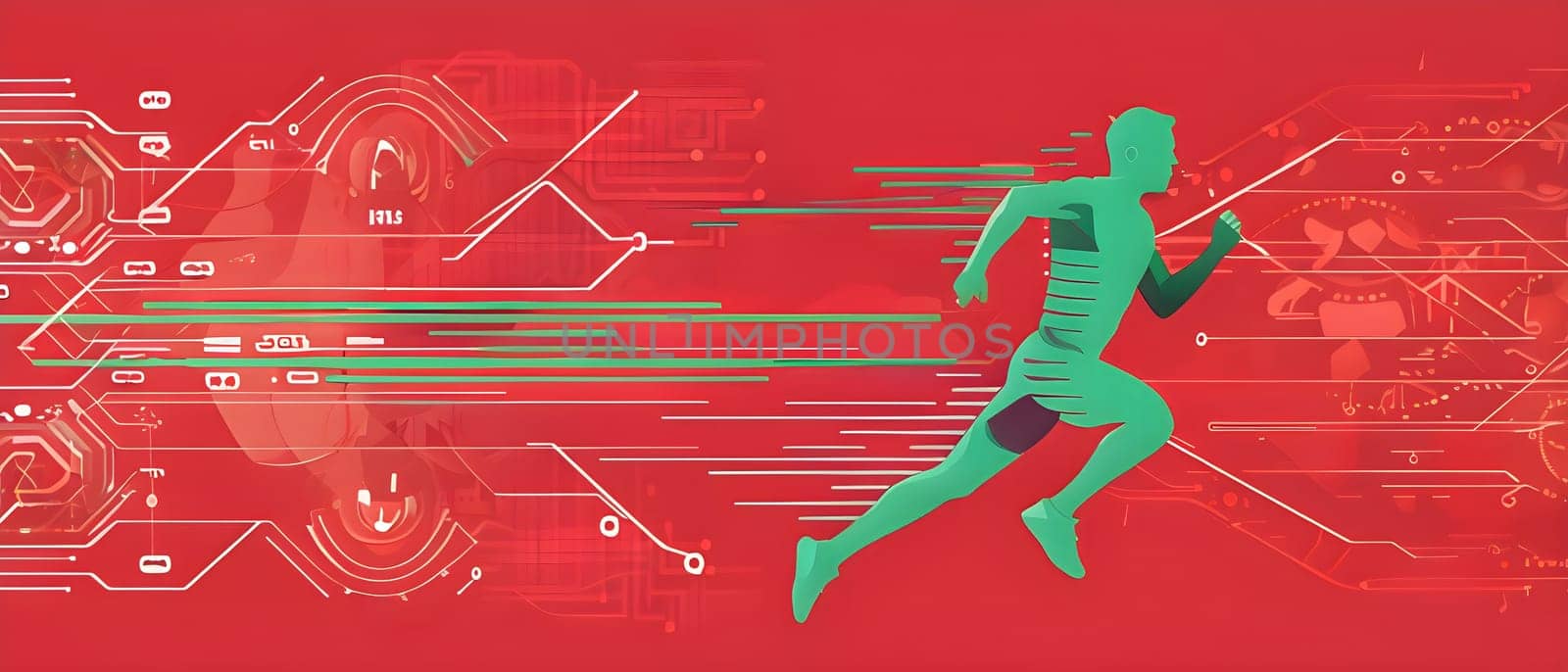 runner silhouette with dynamic vibrant lines showing motion, surrounded by data streams