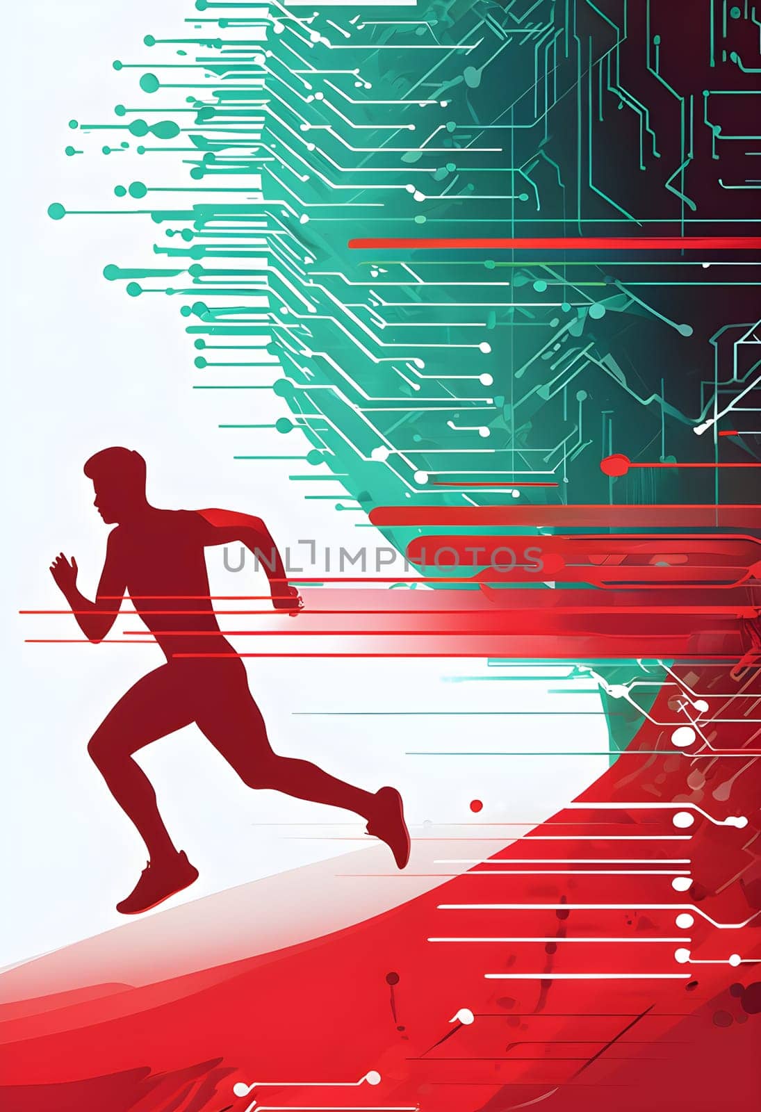 runner silhouette with dynamic vibrant lines showing motion, surrounded by data streams