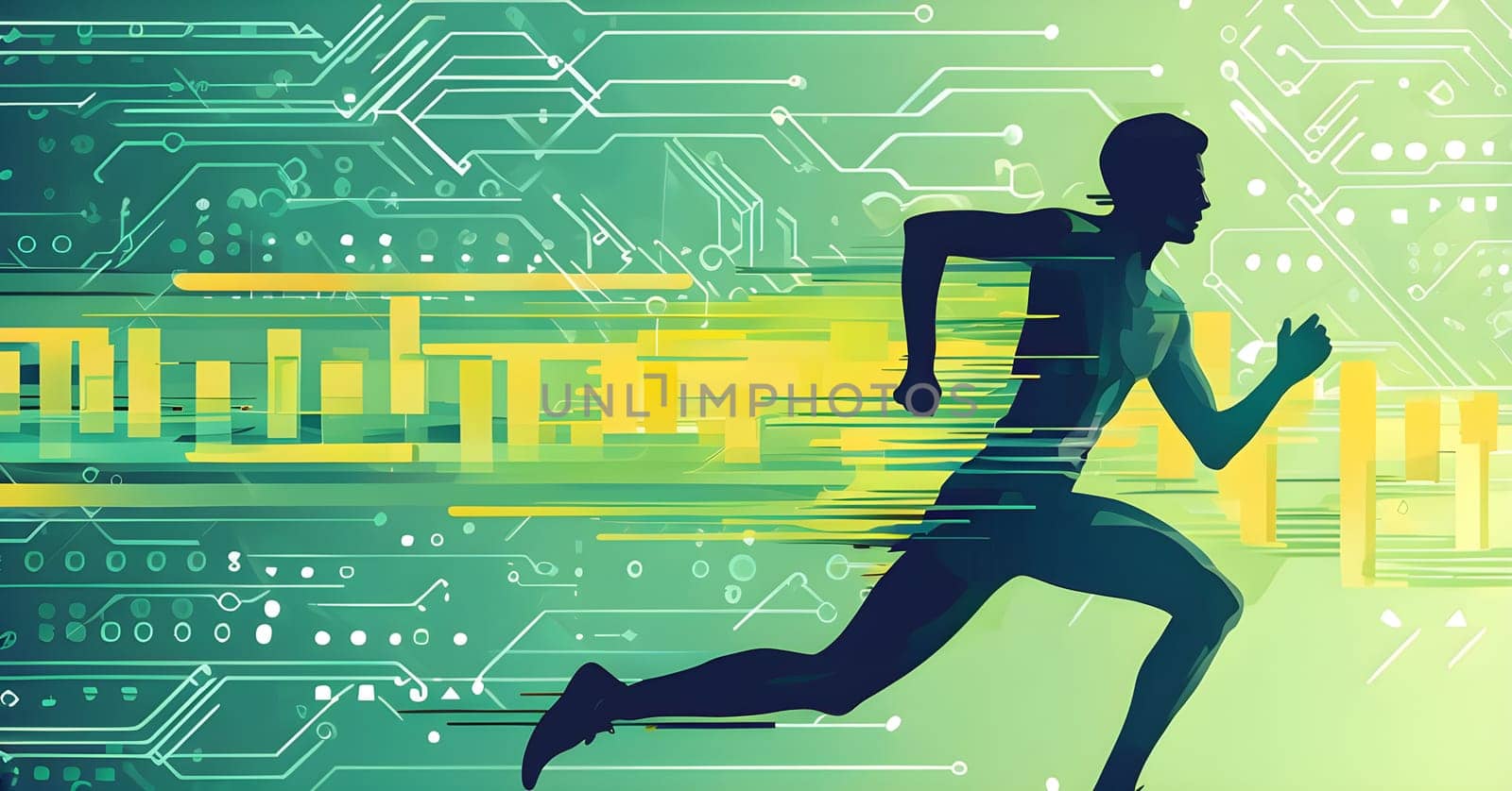 runner silhouette with dynamic vibrant lines showing motion, surrounded by data streams