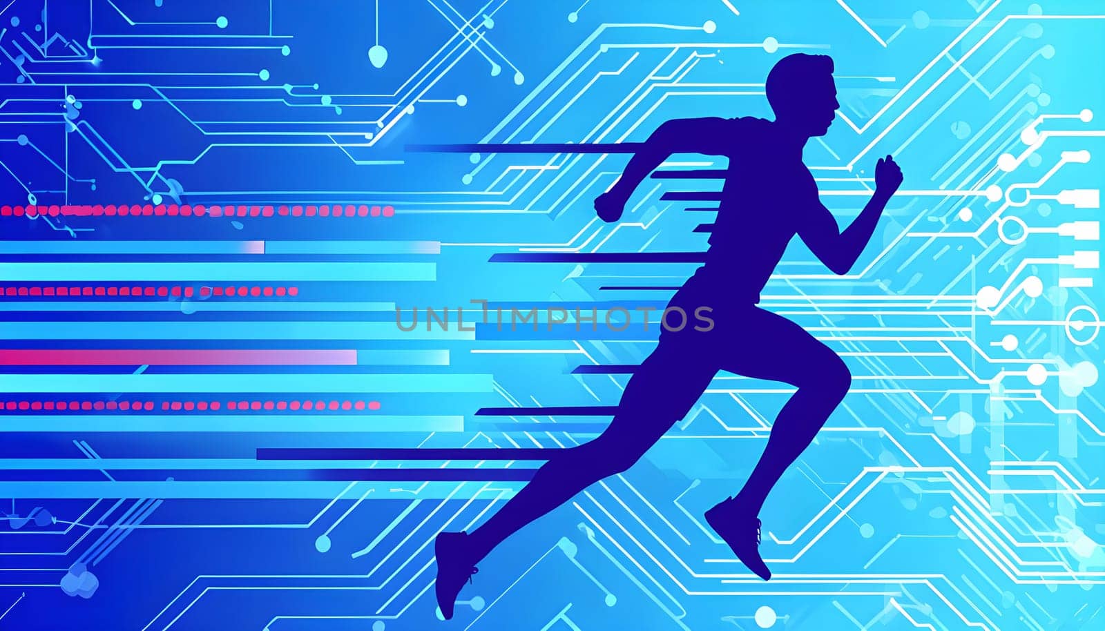 runner silhouette with dynamic vibrant lines showing motion, surrounded by data streams