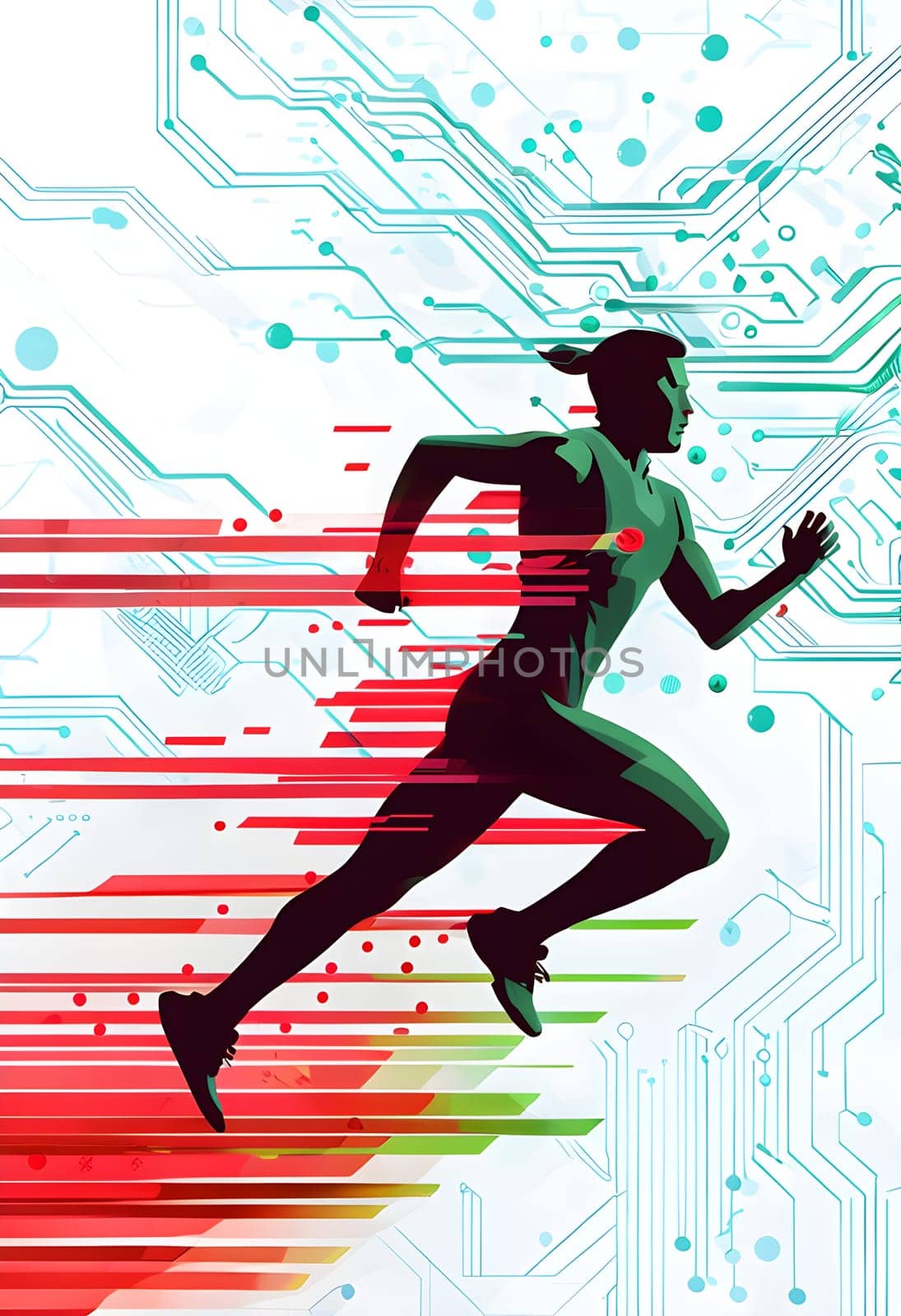 runner silhouette with dynamic vibrant lines showing motion, surrounded by data streams