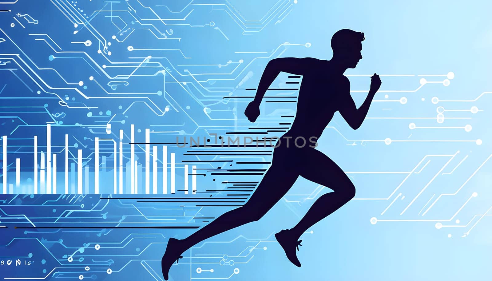 runner silhouette with dynamic vibrant lines showing motion, surrounded by data streams