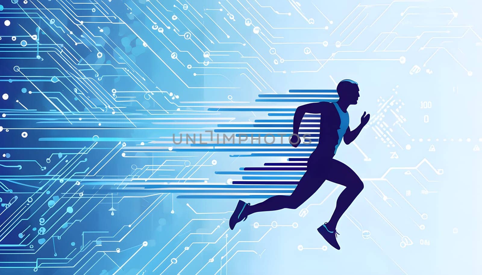 runner silhouette with dynamic vibrant lines showing motion, surrounded by data streams