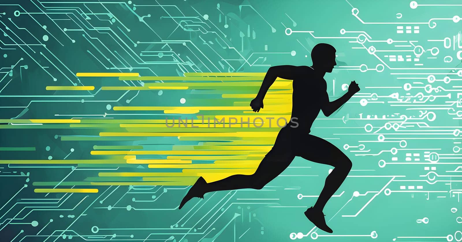 runner silhouette with dynamic vibrant lines showing motion, surrounded by data streams