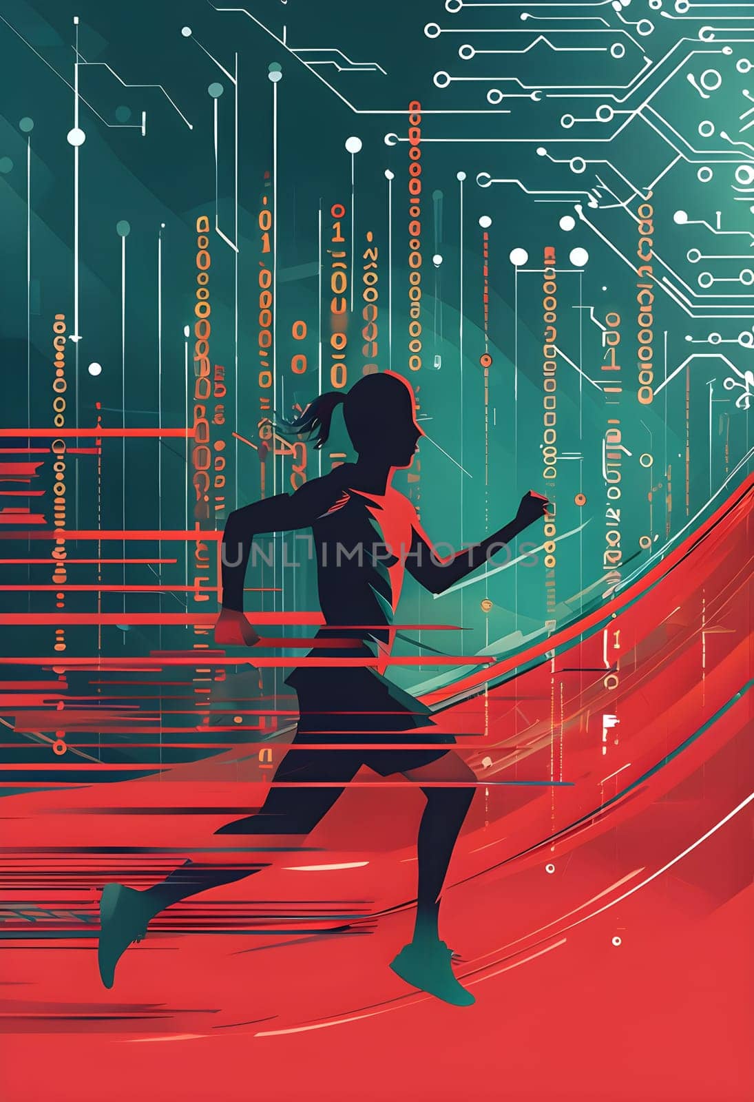 runner silhouette with dynamic vibrant lines showing motion, surrounded by data streams