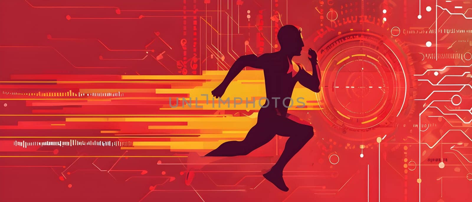 runner silhouette with dynamic vibrant lines showing motion, surrounded by data streams