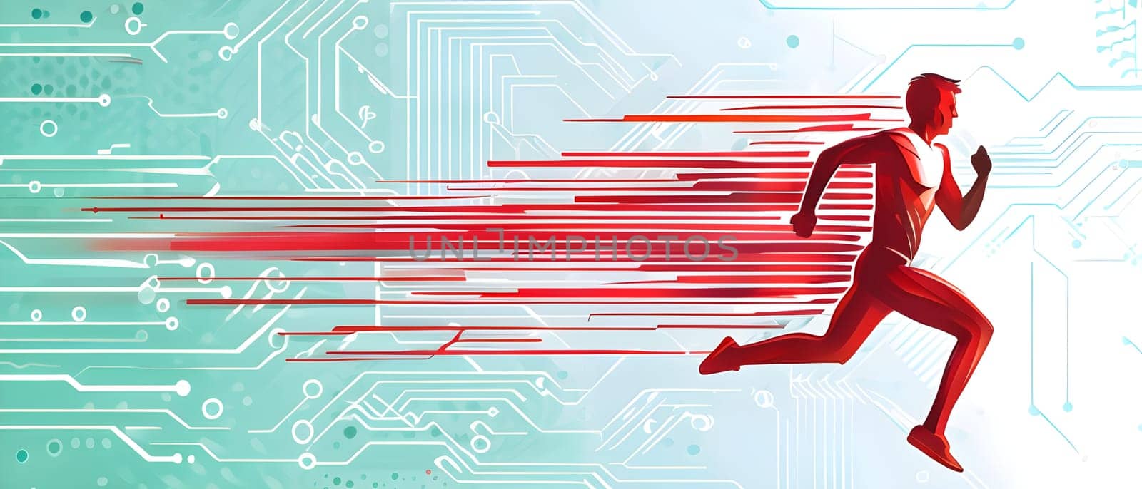 runner silhouette with dynamic vibrant lines showing motion, surrounded by data streams