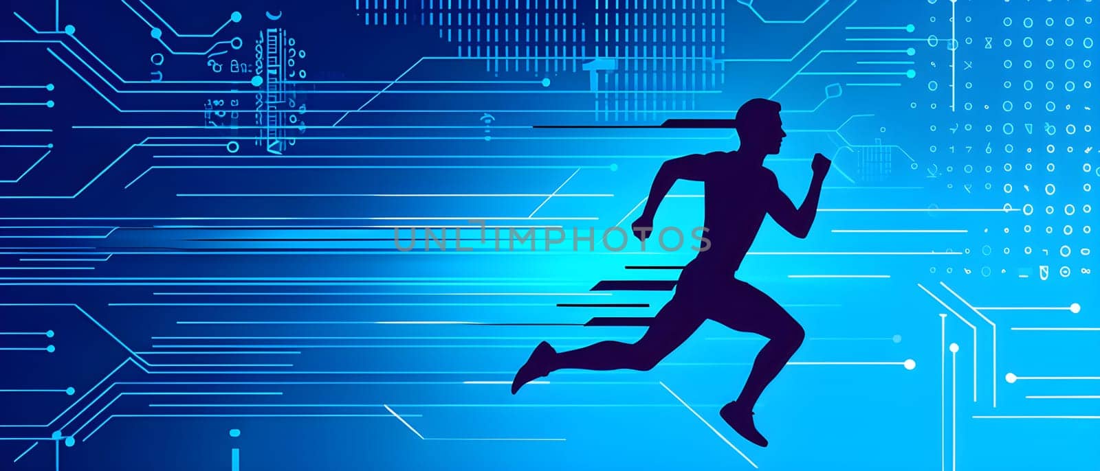 runner silhouette with dynamic vibrant lines showing motion, surrounded by data streams