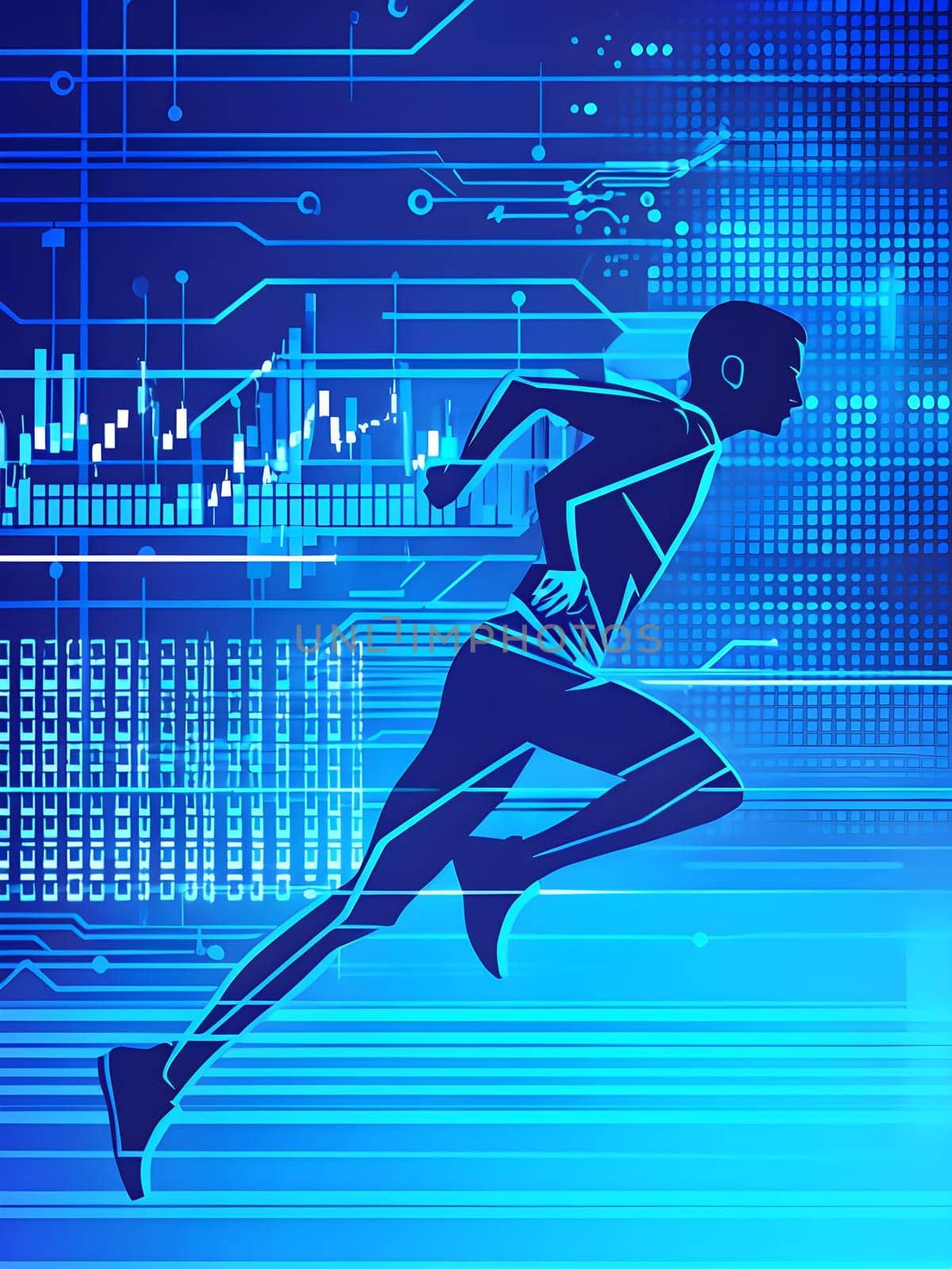runner silhouette with dynamic vibrant lines showing motion, surrounded by data streams