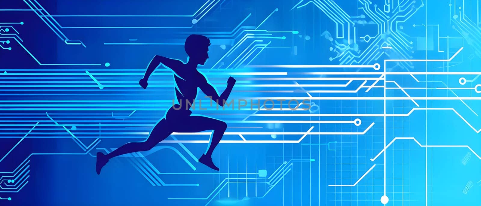 runner silhouette with dynamic vibrant lines showing motion, surrounded by data streams