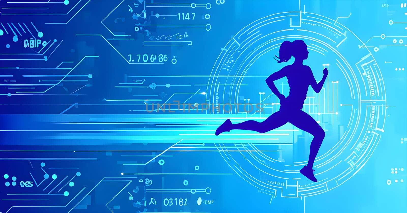 runner silhouette with dynamic vibrant lines showing motion, surrounded by data streams