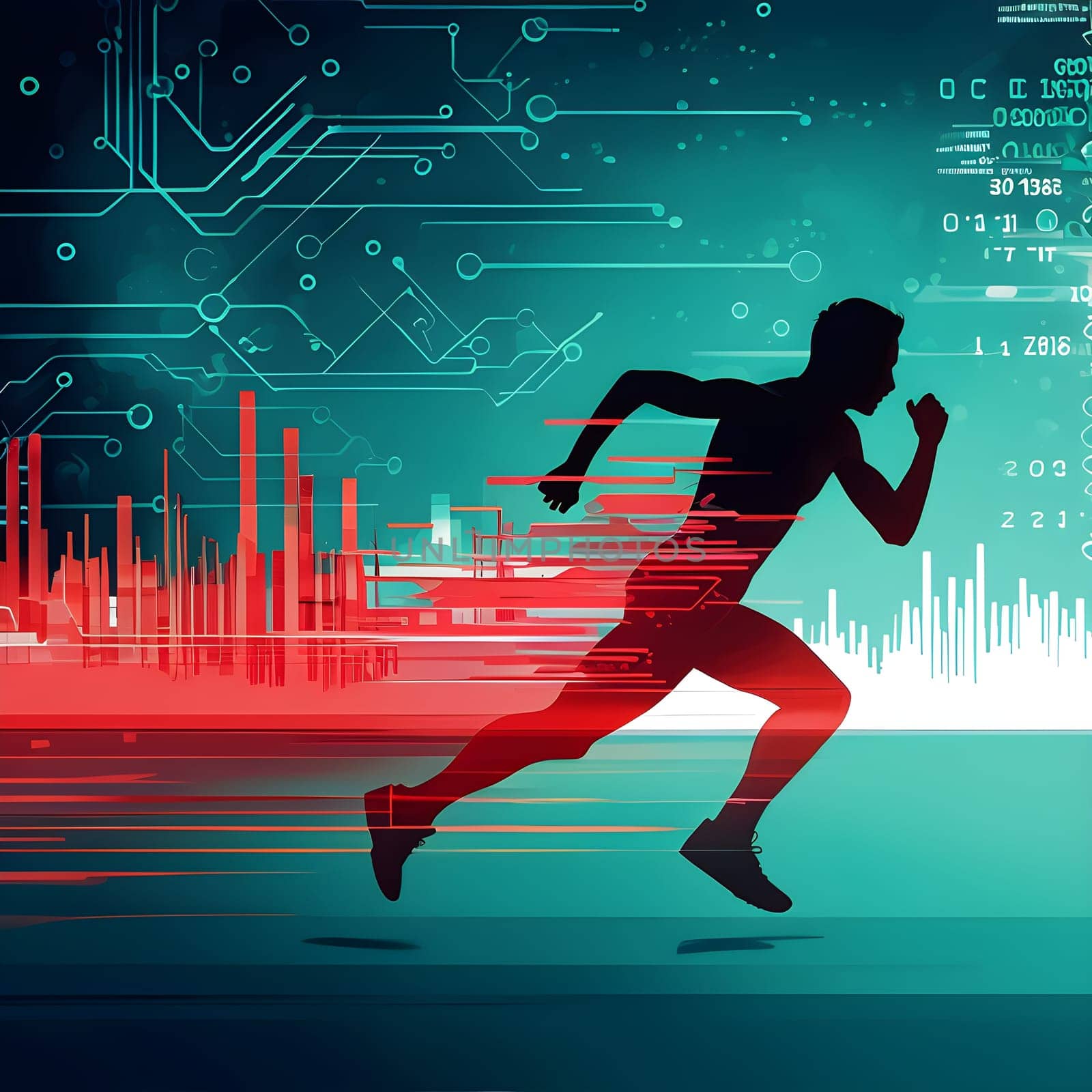 runner silhouette with dynamic vibrant lines showing motion, surrounded by data streams