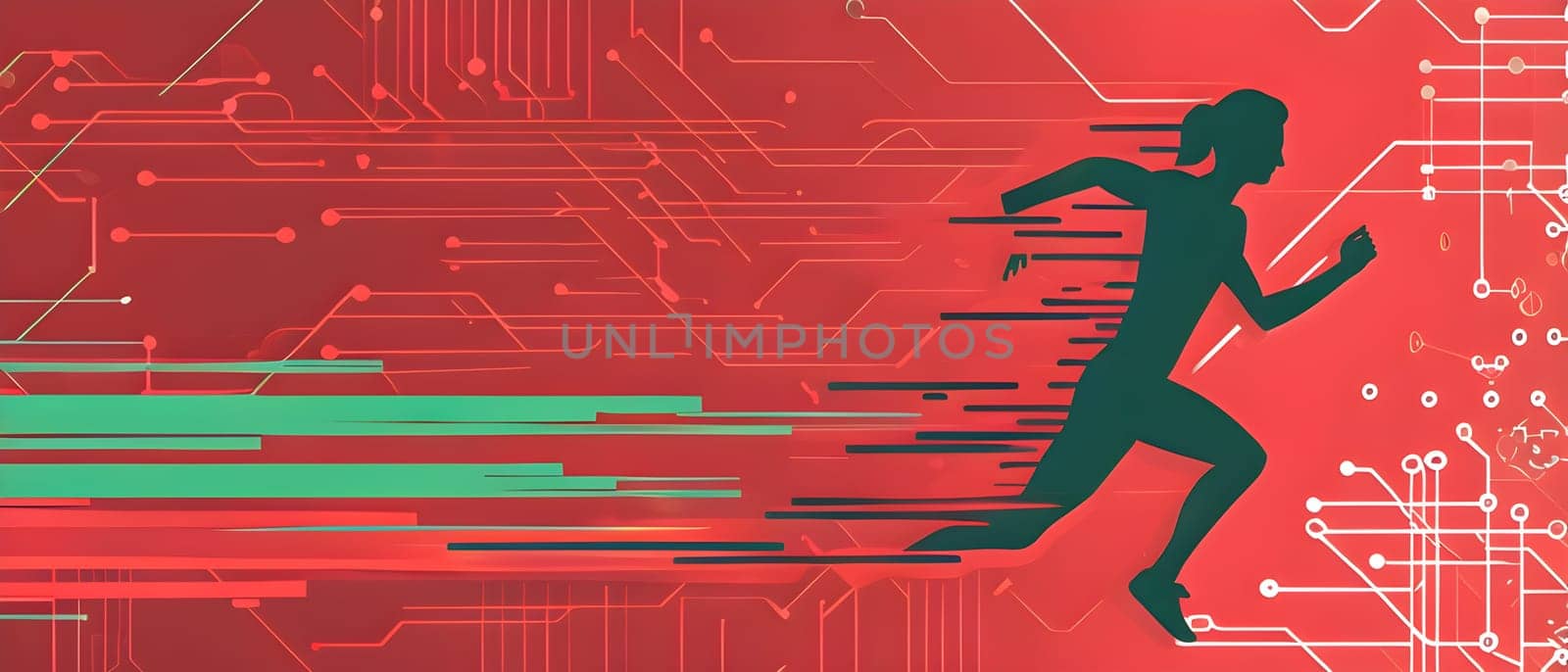 runner silhouette with dynamic vibrant lines showing motion, surrounded by data streams