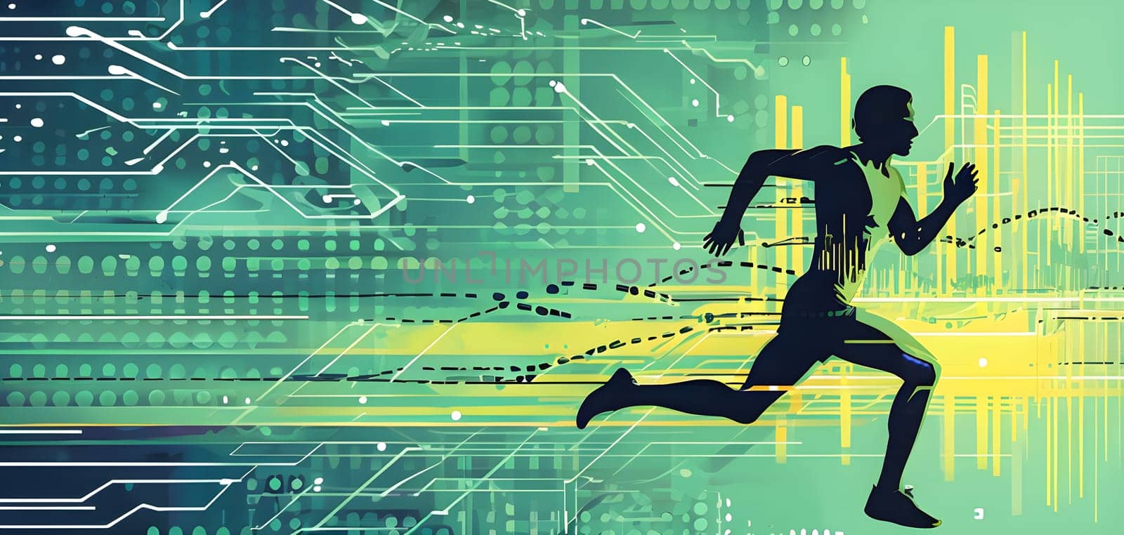 runner silhouette with dynamic vibrant lines showing motion, surrounded by data streams