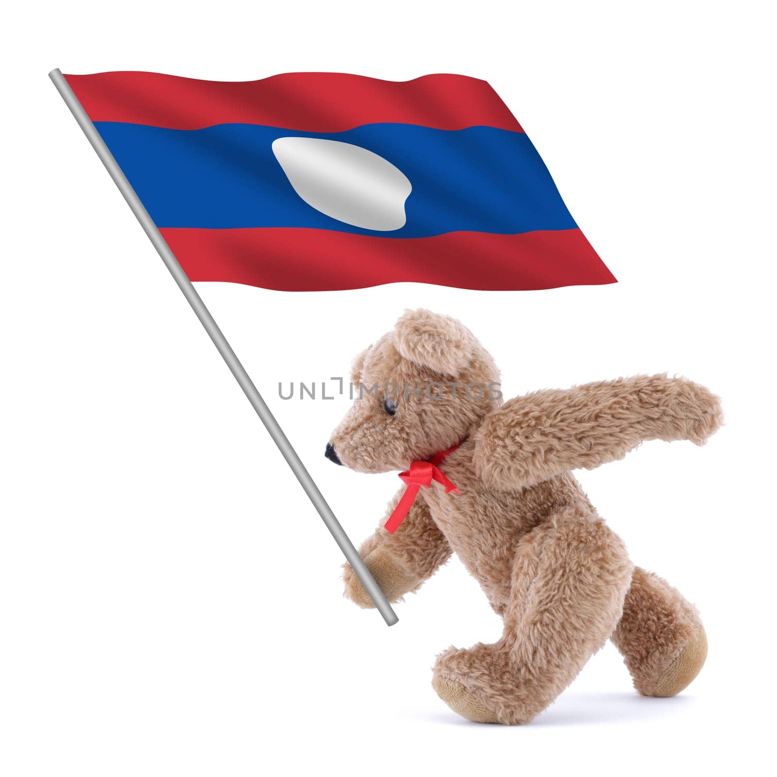 A Laos flag being carried by a cute teddy bear