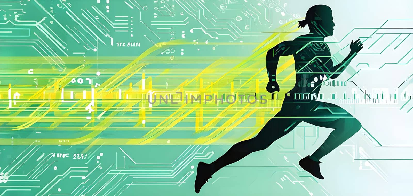 runner silhouette with dynamic vibrant lines showing motion, surrounded by data streams