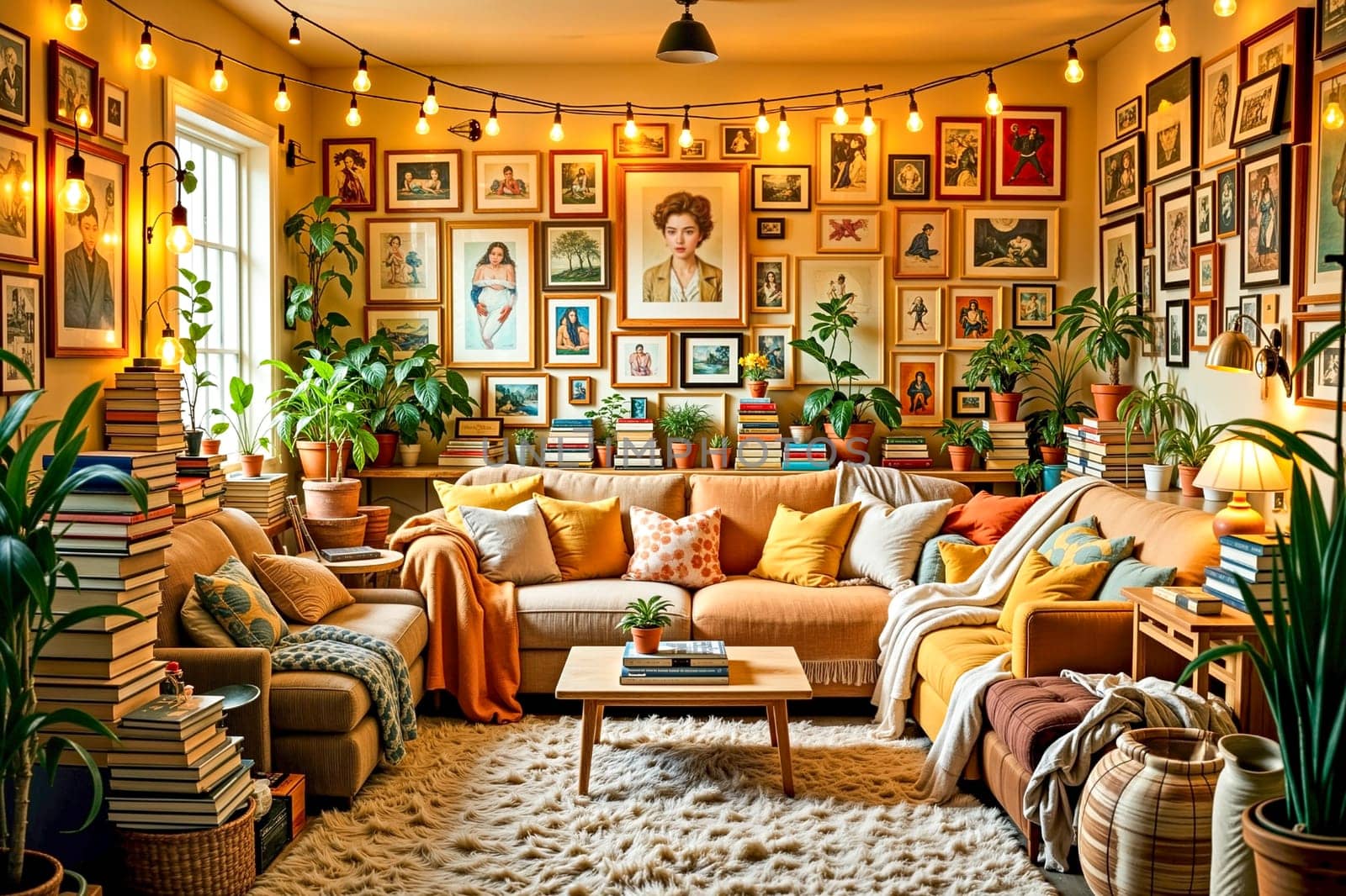 Warm cluttercore living room featuring a vibrant gallery wall, yellow sofas, potted plants, and books. Perfect for maximalist interior design and cozy home decor concepts.