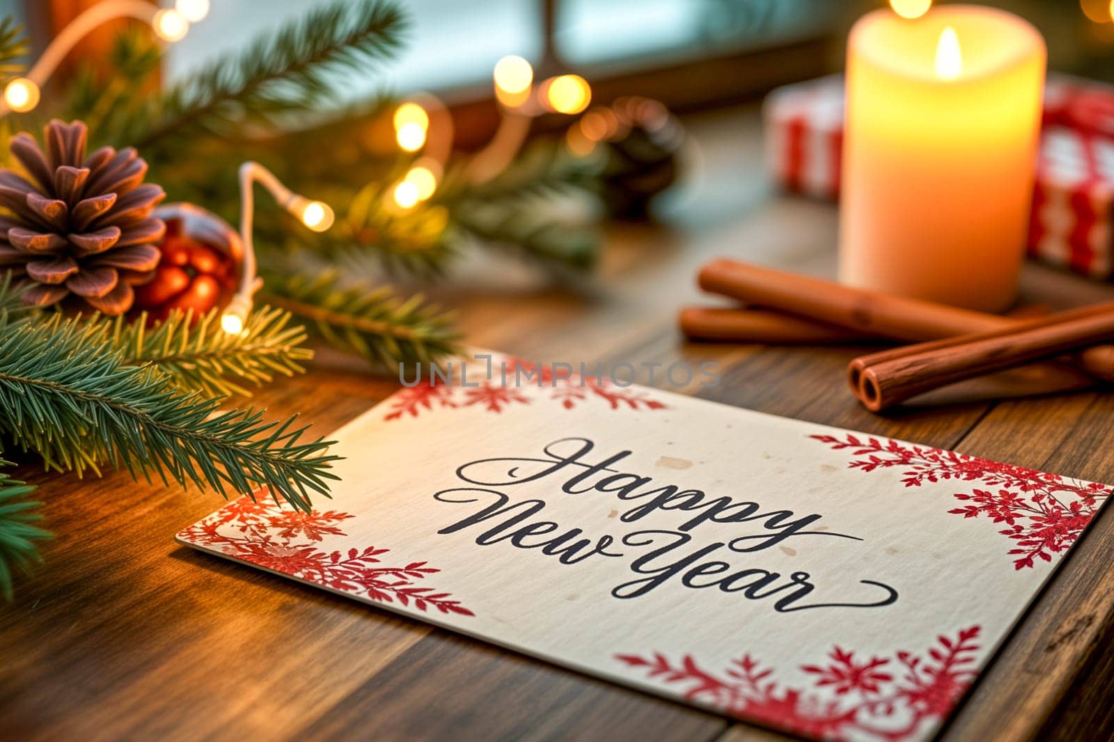 Festive Happy New Year card surrounded by pine branches, a glowing candle, and cinnamon sticks on a wooden table. Holiday celebrations and seasonal greetings.