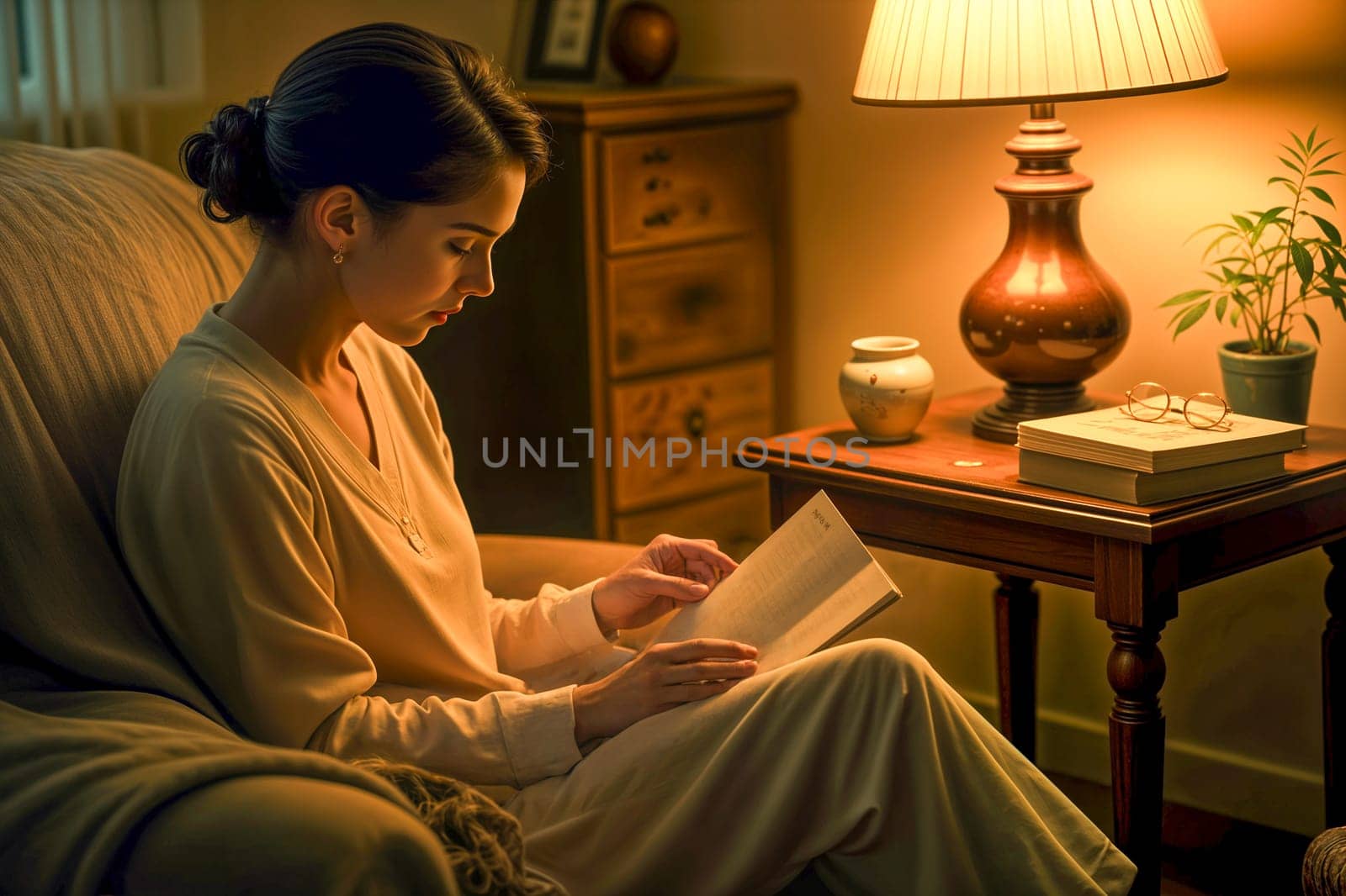 Peaceful evening scene featuring a woman reading a book under a warm lamp light. Cozy ambiance with wooden furniture, soft lighting, and a calm, reflective atmosphere