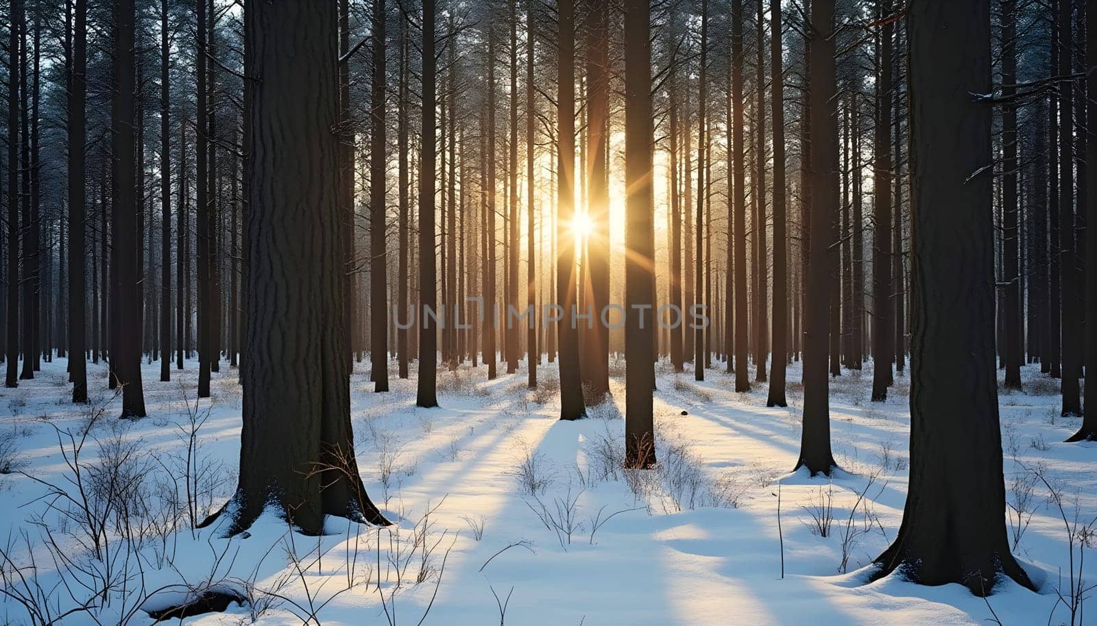 Golden sunlight streams through tall trees, illuminating the serene forest and casting soft, long shadows over the pristine snowy ground.