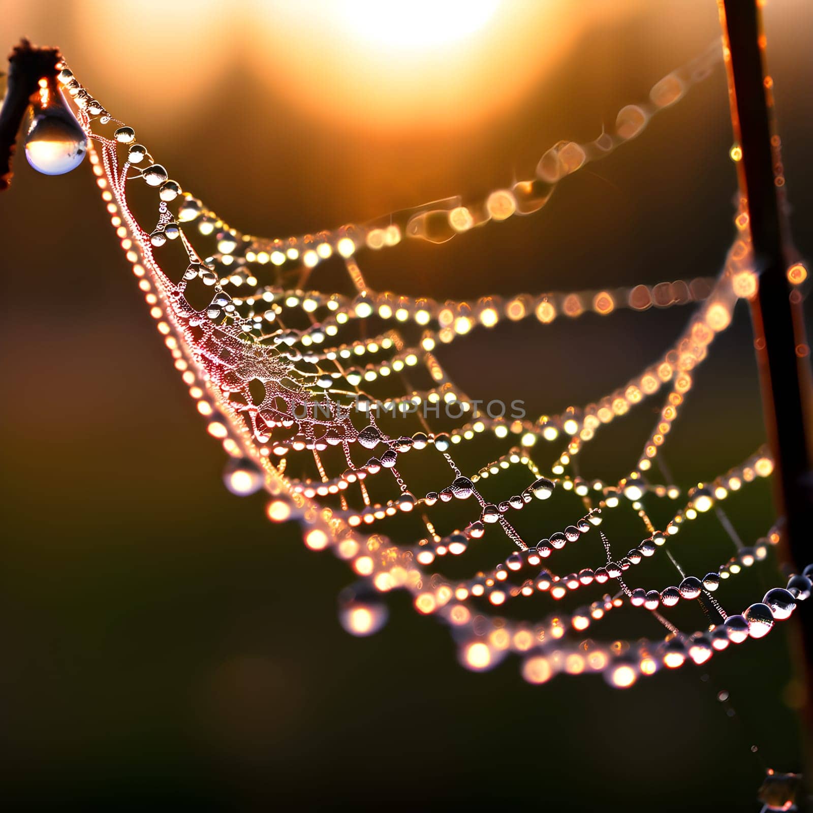 A close-up of a spider web adorned with dew drops, reflecting the soft glow of sunrise, highlighting its fragile beauty.
