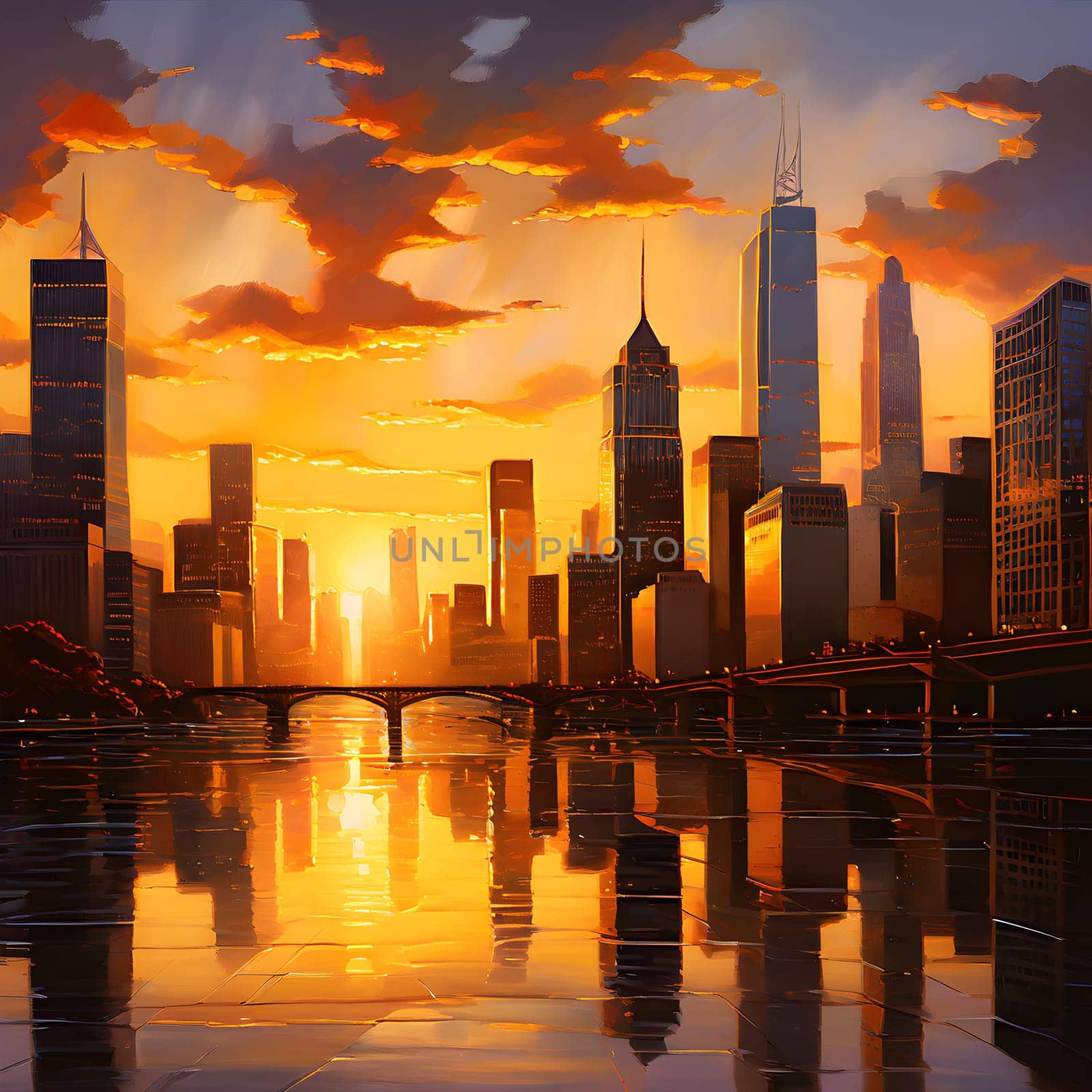 Golden light illuminates the glass skyscrapers of a vibrant city skyline at dawn, marking the bustling beginning of a new day.