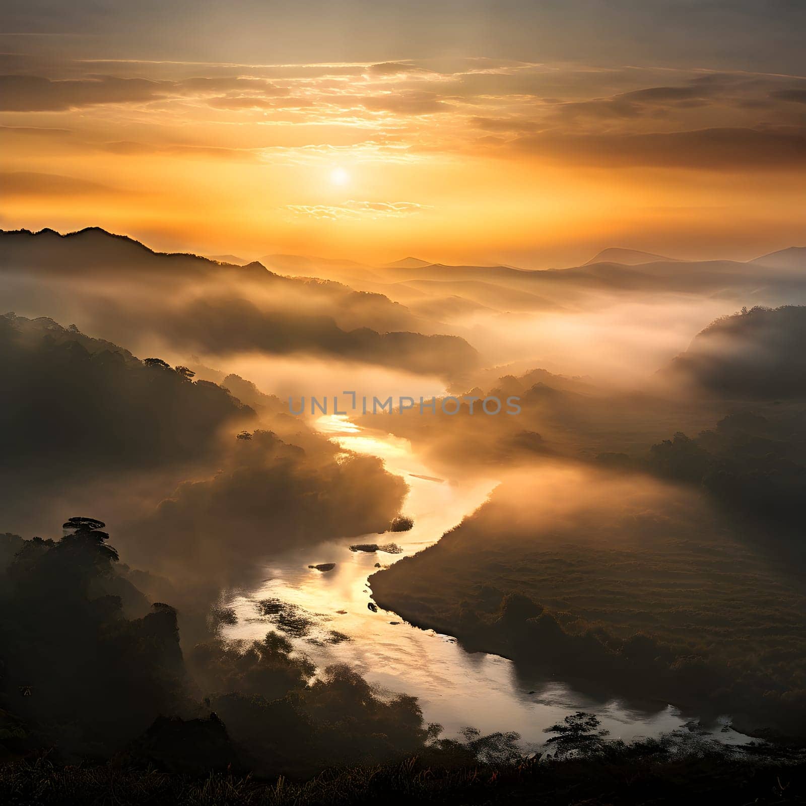 A winding river glistens under golden sunlight piercing through dense fog, creating a serene, mystical valley landscape.