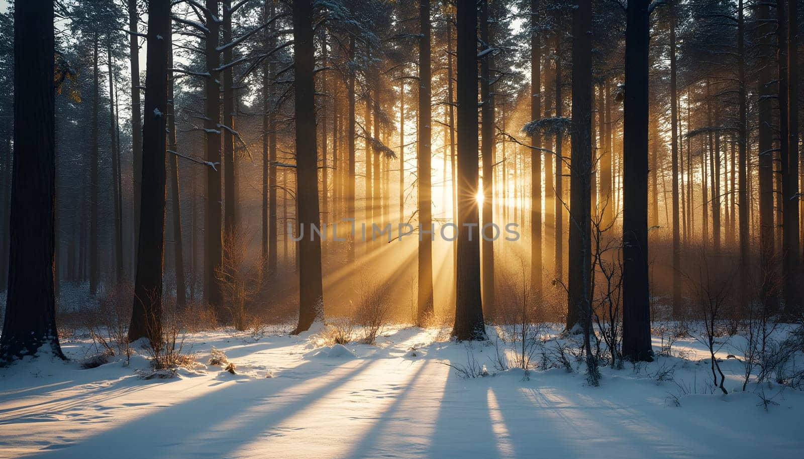 Golden sunlight streams through tall trees, illuminating the serene forest and casting soft, long shadows over the pristine snowy ground.