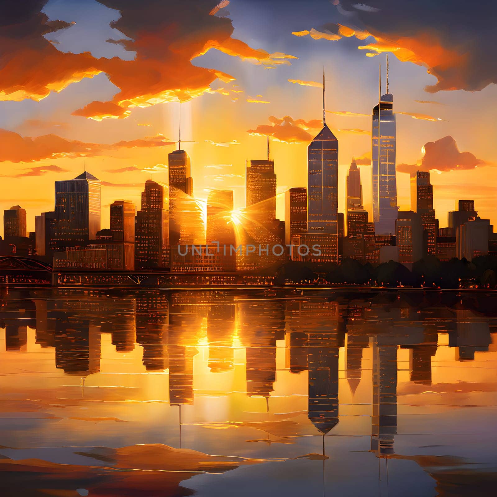 Golden light illuminates the glass skyscrapers of a vibrant city skyline at dawn, marking the bustling beginning of a new day.