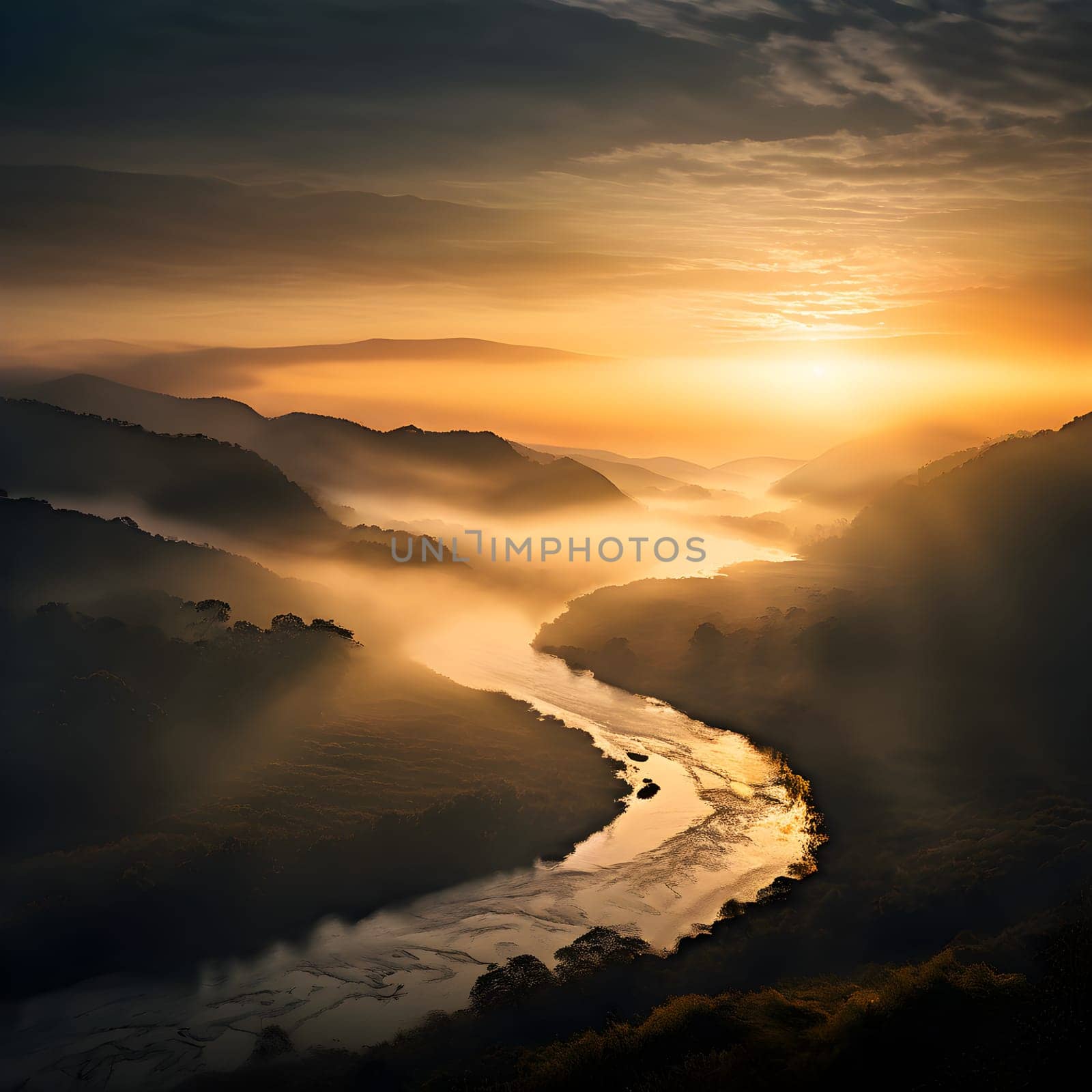 A winding river glistens under golden sunlight piercing through dense fog, creating a serene, mystical valley landscape.