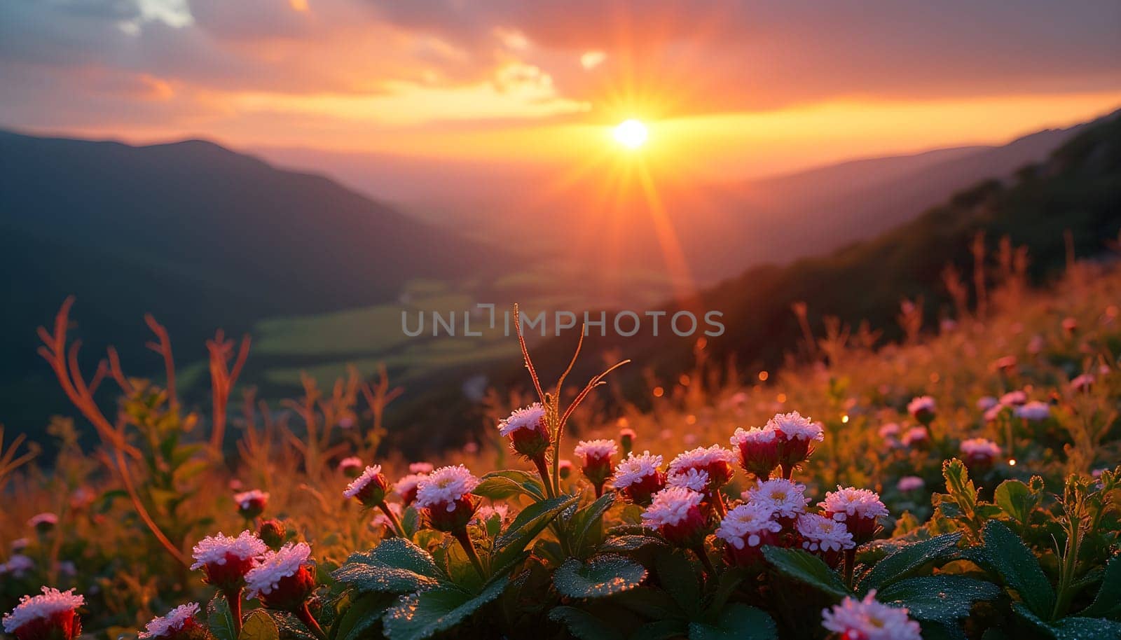 A serene valley awakens to a vibrant sunrise, with dew-kissed flowers glistening, embodying nature's tranquil beauty and renewal.