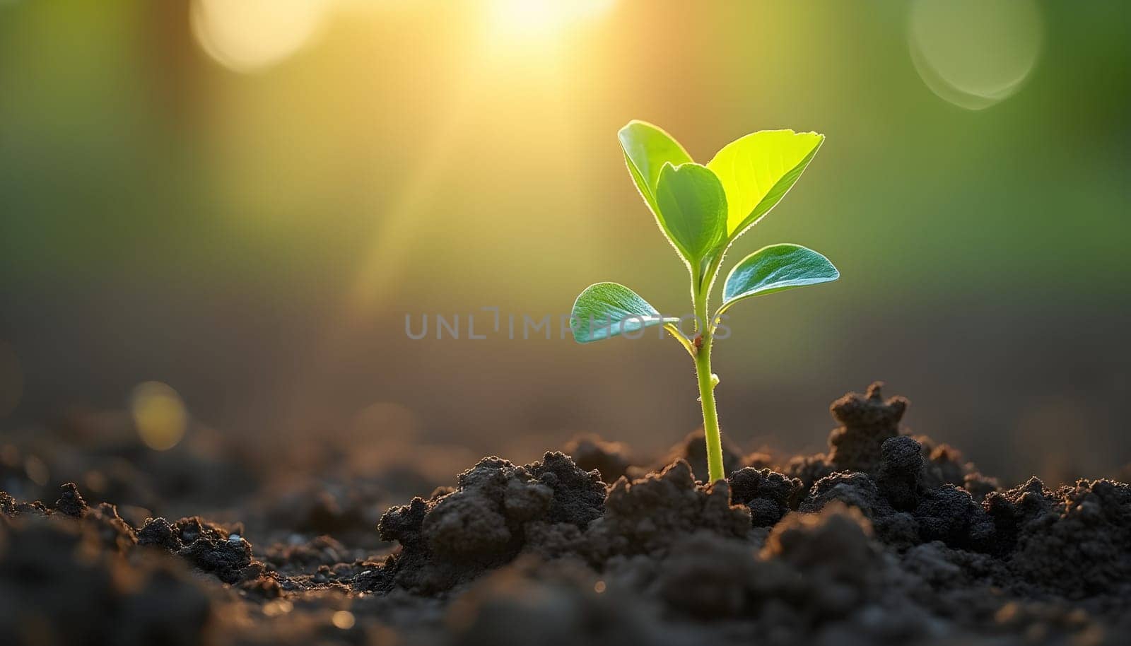 A delicate seedling emerges from the soil, embraced by gentle sunlight, symbolizing resilience and the promise of new life.