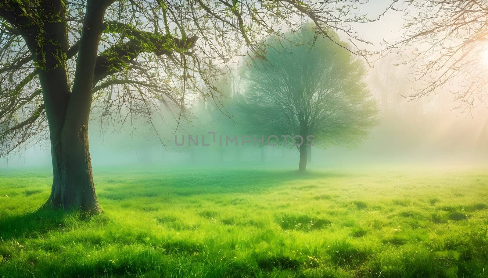 Morning Glow: A Spring Meadow Bathed in Sunlight and Mist