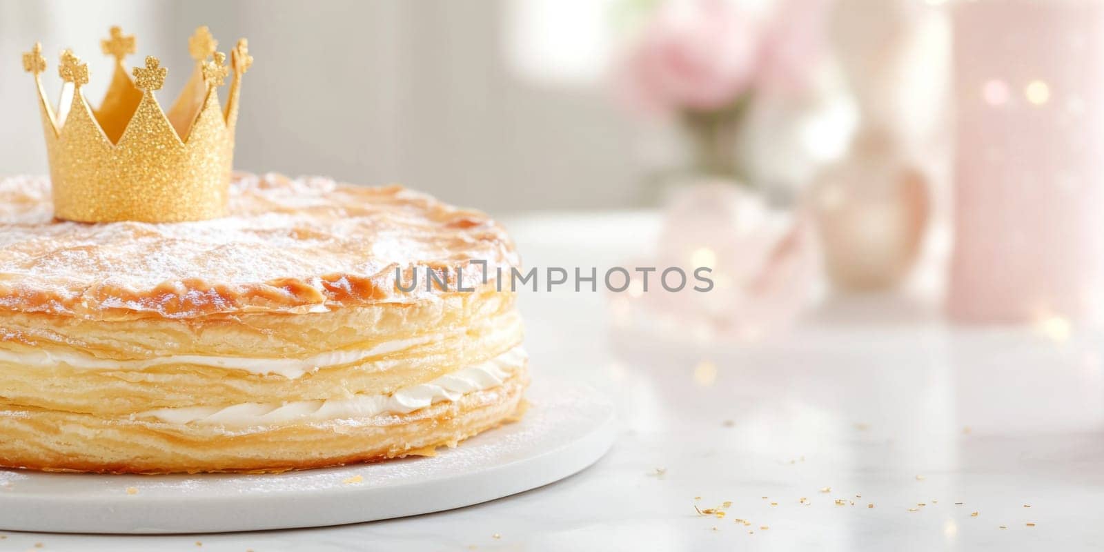 Three kings holiday festive cake topped with golden paper crown on a table, background, AI generated