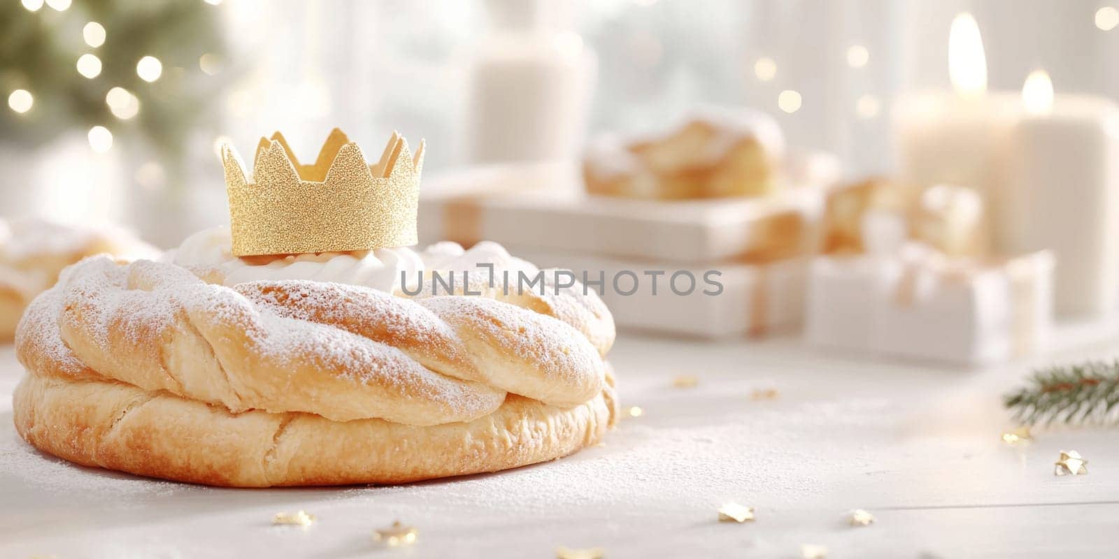 Festive scene with Three kings holiday festive cake topped with golden paper crown on table, pastel background, AI generated