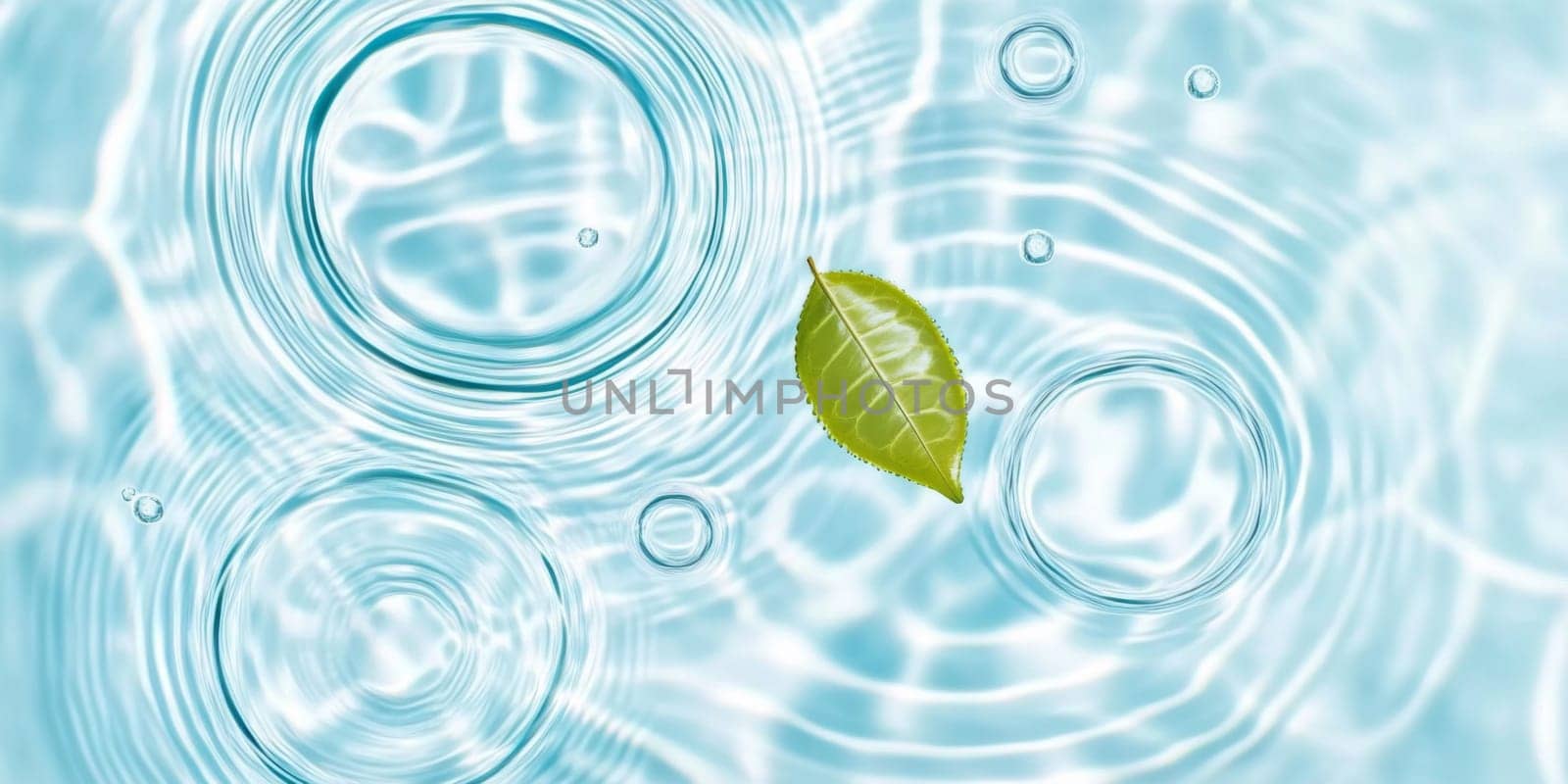 A green leaf floating on water showing ripples and bubbles, suitable as SPA background, AI generated