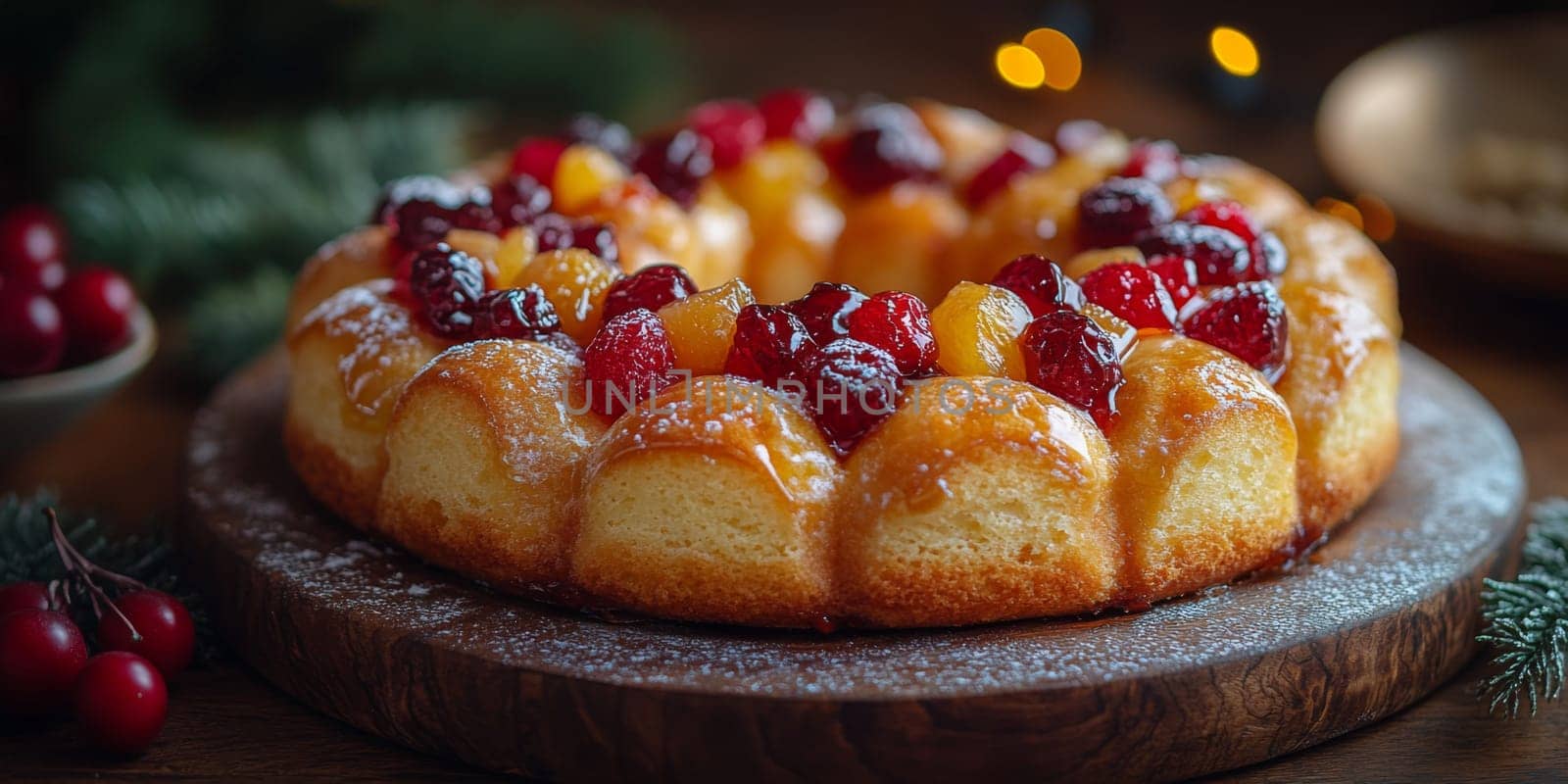 Bundt cake topped with colorful jelly candies on festive table, AI Generated