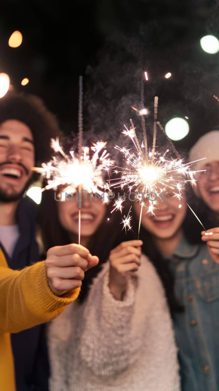 Group of young adults celebrating New Year with sparklers outdoors, joyful winter scene, AI generated