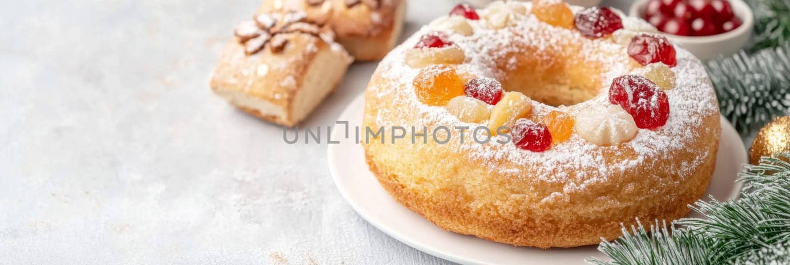 Three kings holiday festive fruitcake topped with colorful candied fruits on a table, background, AI generated