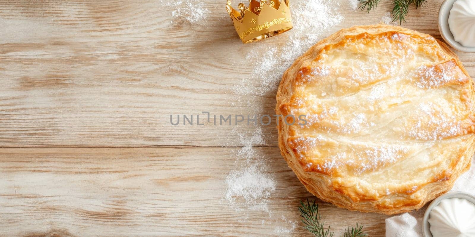Three kings holiday festive cake topped with golden paper crown on a table, background, AI generated