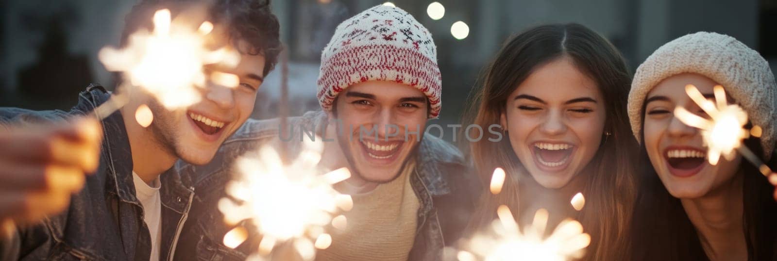 Group of young adults celebrating New Year with sparklers outdoors, joyful winter scene, AI generated