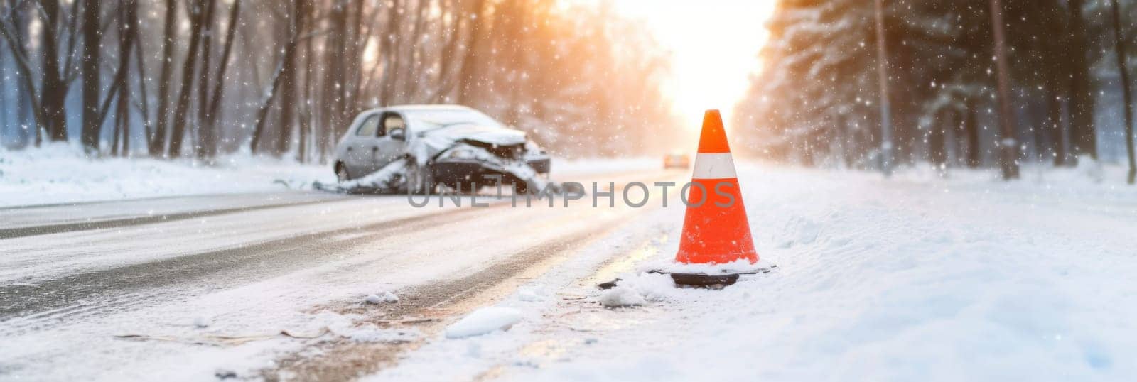 Orange traffic cone in foreground on snowy road with car accident, concept of safety on the winter roads, AI Generated
